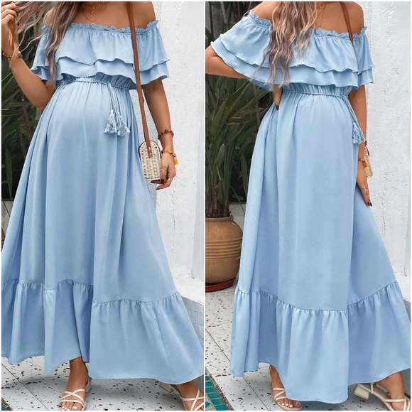 Maternity Off Shoulder ruffle Hem Stretchy Waist Maxi Dress - Picture 7 of 8